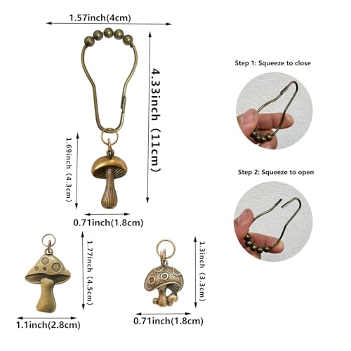 Mushroom Shower Curtain Hooks, 12Pcs Rustproof Metal Cute Retro Mushroom Shower Curtain Hooks Rings for Boho Fairy Forest Country Cottagecore Style Home Bathroom Decor (Set-Bronze) - color: Set-bronze