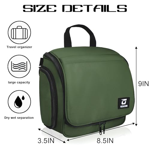 Goloni Hanging Toiletry Bag, 10 Compartments Water-Resistant Makeup Bag with 360° Spinning Metal Hook, Large Travel Cosmetic Organizer for Men & Women, Green (7.05oz) - color: Green