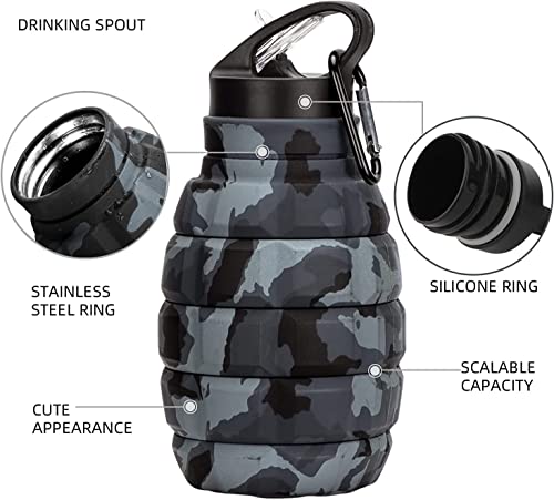 QiCheng&LYS Collapsible Water Bottle Sports Bottle 19.5OZ/580ml Travel Water Bottle for Men Women kids. BPA Free Food Grade Silicone. (Dark gray camouflage cup) - color: ark gray camouflage cup