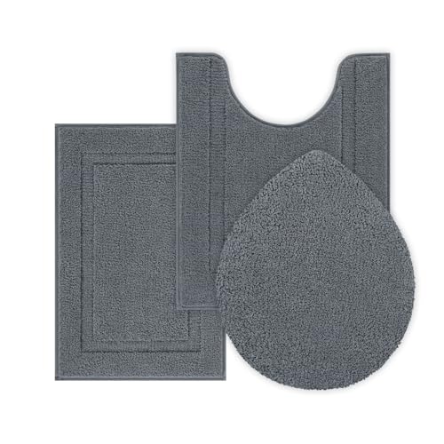 SHACOS Bathroom Rugs Sets 3 Piece with Toilet Lid Cover | 16"x24"Bath Mat and 20"x24" U-Shape Contoured Toilet Mat Machine Washable Shaggy Absorbent Bath Rugs(Dark Grey) - color: Dark Grey, size: 16"x24"+U-Shape 20"x24"+Lid Cover 19"x21"