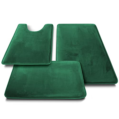 Clara Clark 3 Piece Bathroom Rugs Bath Mat Set, Velvet Memory Foam Bath Mats for Bathroom - Non-Slip, PVC Backing Bath Rugs, Washable - Dries Quickly, Green - color: Hunter Green, style: 17 x 24 + 20 x 32 + Contour
