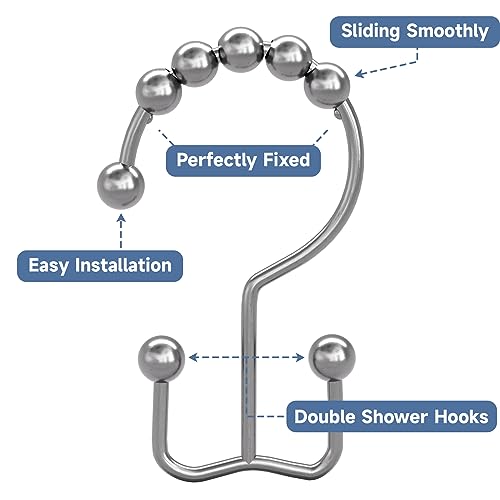 Titanker Double Shower Curtain Hooks, Rust Proof Shower Curtain Rings, Metal Shower Hooks for Bathroom Shower Rods Curtains, Set of 12 Hooks - Chrome - color: Chrome, style: Modern