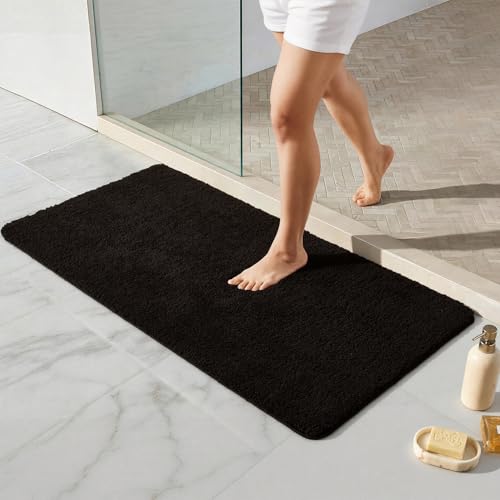 TYUU Black Bathroom Rug, Ultra Soft Bath Rugs Non Slip Washable, Super Absorbent Quick Dry Bath Mat with Rubber Backing for Bathroom Floor, Shower, or Sink, Black 24" x 48" - color: Black, size: 24" x 48"