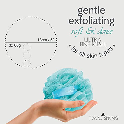 Temple Spring Soft Mesh Shower Loofah Sponge 3-Pack (60g Each) — Gentle Exfoliating Body Scrubber for Rich Lather & Smooth Skin, Bath Sponge for Women & Men, 100% Recycled Materials with Suction Hook
