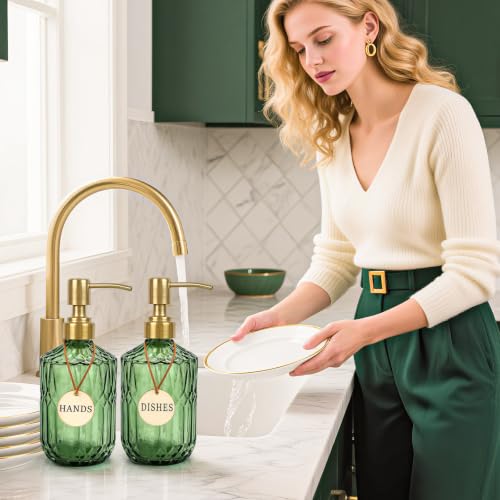 Green Glass Soap Dispenser (15.4 Oz, 2 Pack), Kitchen Hand and Dish Soap Dispenser Set with Golden Rust Proof Pump, Vintage Bathroom Hand Soap Lotion Dispensers - color: Green+golden Pump