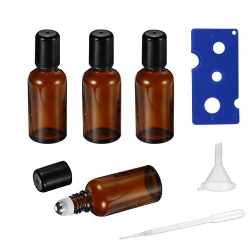 15ML Roller Bottles for Essential Oil, 4 Pack Empty Amber Glass Roller Bottle for Perfume Oil, Roll on Bottles with Stainless Steel Roller Balls, Opener, Funnel and Dropper - size: 15ml_4pcs