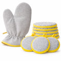 Kitchen Pro Dual Action Cleaning Set, 5 Microfiber Scouring Sponges with Yellow Trim, 2 Wire-Reinforced Dishwashing Gloves, Round Scrubbers for Dishes