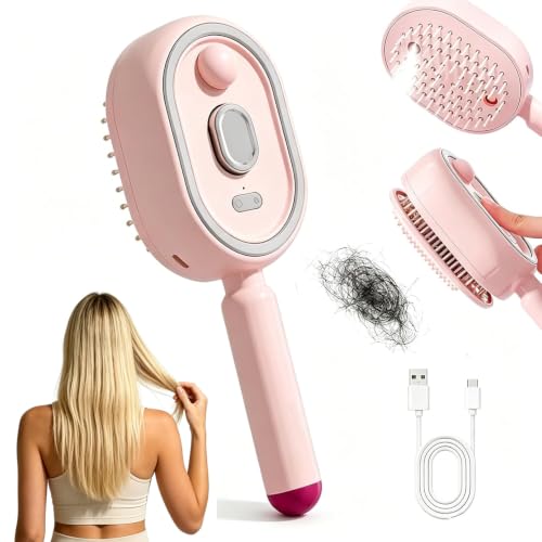 New Electric Mist Air Cushion Massage Brush, 5-in-1 Anti-Tangle Hair Comb for Dry Frizzy Hair, Self-Cleaning Shine Boost Hair Care Brush for Ladies (Pink) - color: Pink-