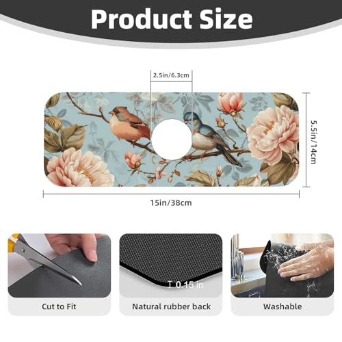 Faucet Draining Mat For Kitchen Sink, Blue Birds Peonies Flowers Diatom Mud Absorbent Drain Pad For Bathroom Kitchen Sink Splash Guard Drying Mat - color: Blue Birds Peonies Flowers