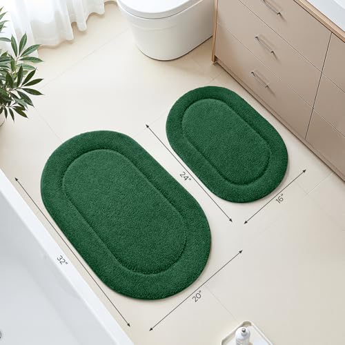 HOMEIDEAS Bathroom Rugs Sets 2 Piece, Soft Bathroom Mats and Absorbent Microfiber Machine Washable Bath Mats for Shower Room, Bathtub, Kitchen (20" x 32" + 16" x 24", Dark Green) - color: Dark Green