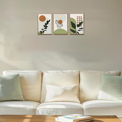 Bwodke Boho Wall Art, Framed Abstract Wall Art, Botanical Canvas Wall Decor, Mid Century Plant Leaf Geometric Pictures Set of 3, Minimalist Paintings, for Bedroom Living Room Bathroom 12"x16" - color: Botanical, size: 12"x16"Natural