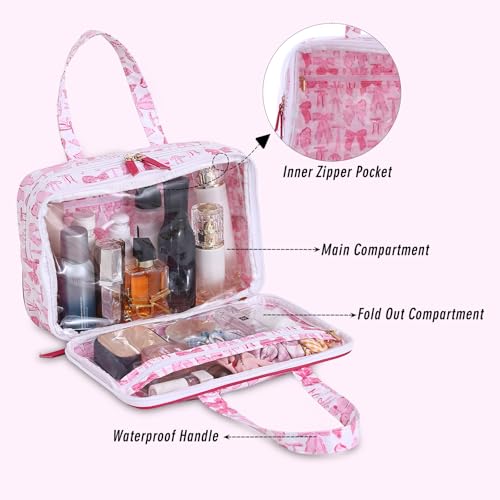 Travel Toiletry Bag for Women, Waterproof Clear Coated Portable Stripe Makeup Cosmetic Bag with Compartment, Travel Organizer for Shampoo, Conditioner, Brushes Set,Cosmetic Accessories(Pink Bow) - color: Pink Bow