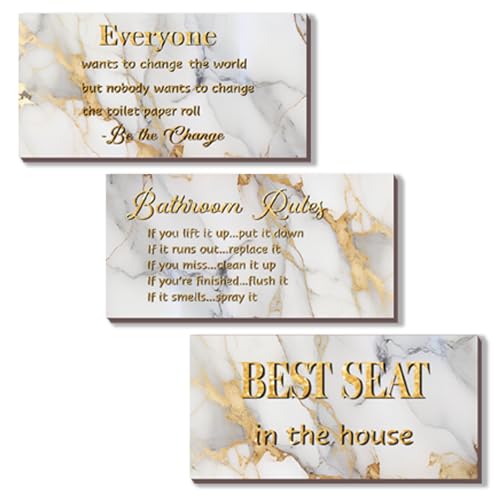 DONFENTHY 3 Pieces White Gold Bathroom Decor Bathroom Rules Wall Art Best Seat in The House Rustic Farmhouse Wooden Sign for Toilet (White Gold 10x5 Inches) - color: White Gold