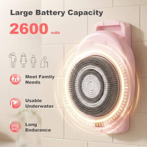 Electric Back Scrubber for Shower Wall Mounted, Hands-Free, 7'' Large Brush | Parents, Fitness Enthusiasts, Luxury Home Spa; Auto-Rotating Brush; 3 Speed Adjustment Exfoliating Brush For Back Cleansing - color: Pink