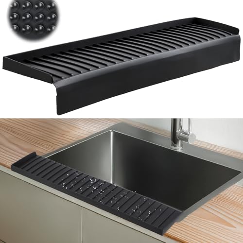 Sink Edge Protector with Suction Cup 4"x20", Silicone Sink Splash Guard for Kitchen & Bathroom, Protect Countertop from Scratches, Stains, for Stainless Steel Granite Quartz-Black - color: Black, size: 4in x 20in