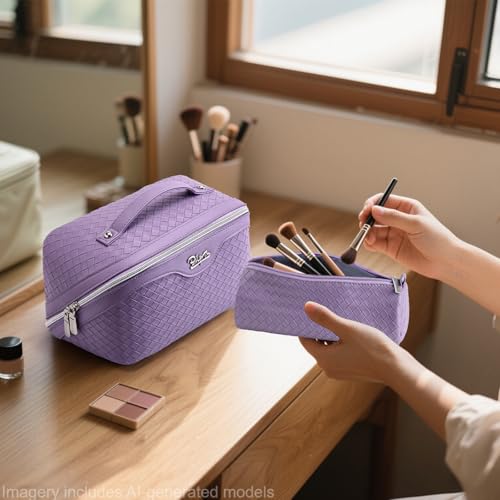 BOYATU Travel Makeup Bag Cosmetic Bags for Women: Large Capacity 3 Pcs Set Make up Bag with Compartments - Waterproof Vegan Leather Toiletry Organizer Bags with Handle (L01 Purple) - color: L01 Purple