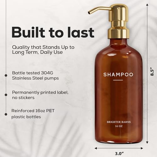 Luxury Shampoo and Conditioner Dispenser Set by Brighter Barns - Empty Shampoo Bottles Refillable with Gold Pump - Plastic Shower Soap Dispenser for Modern Bathroom Decor in Airbnb, Spa (Amber Gold) - color: Amber Gold