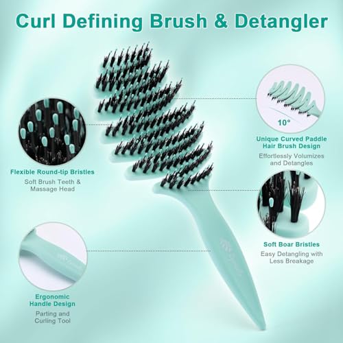 Wet Natural Boar Bristle Hair Brush for Fine Hair - A Great Gift | Smoothing Vented Detangling, Hair Texture, Gentle Scalp Feel, for Women and Men, Paddle, Frizz, Thin Hair, High Quality - color: Aqua
