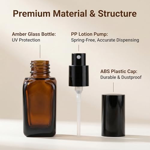 ericotry 3PCS 10ml Empty Refillable Square Amber Glass Cream Lotion Pump Bottles for Makeup Face Cream Facial Cleanser Toiletries Toner Liquid Travel Containers Emulsion Essential Oil Dispenser - size: 10ML