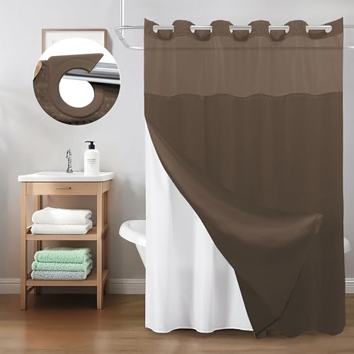 Inhousolu No Hook Shower Curtain with Snap-in Fabric Liner, Waffle Weave 230 GSM Polyester, Weighted Hem, Water Repellent Washable, Mesh Top Window 72" W x 72" L Brown - color: Brown, size: 72"W x 72"L (Pack of 1)