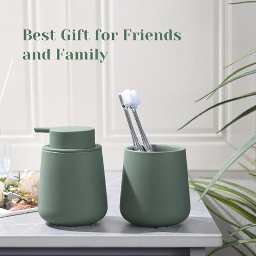 INGOFIN Ceramic Toothbrush Holder, 12 oz Bathroom Toothbrush Holder Ceramic Holder for Toothbrush, Toothpaste Holder and Cup, Matte Green - color: Matte Green