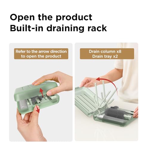 YOTIME Travel Bottle Brush Set, Auto-Open Rack & Vertical Brushs Drying Slots, 3 Brushes, Foldable Drying Rack, Dispenser, Travel Baby Essentials for On-The-Go Parents, Transparent Green - color: Transparent Green