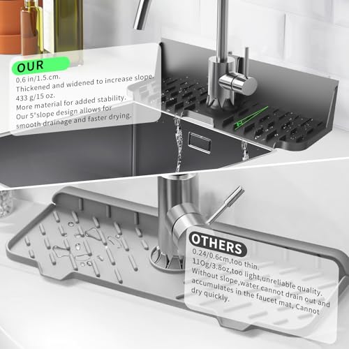 17” x 5.5” Silicone Faucet Handle Drip Catcher Tray Mat, Silicone Faucet Mat Dish Soap Sponge Holder for Kitchen Sink, Drying Mat for Kitchen Counter Bathroom Kitchen Sink Splash Guard - Black - size: 17” Black