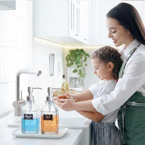 JASAI 2Pack Antique Design Glass Soap Dispenser with Rust Proof 304 Stainless Steel Pump, Refillable Hand Soap Dispenser with 10Pcs Stickers, Premium Soap Dispensers for Kitchen & Bathroom (Clear) - color: 2 Pack Silver