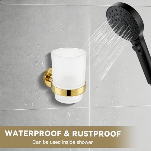 Toothbrush Holder with Frosted Glass Cup, Stainless Steel Wall Mounted Mouthwash Tumbler Holder for Bathroom, Toothpaste & Toothbrush Organizer, Brushed Gold - color: Gold