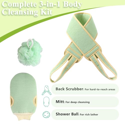 Exfoliating Glove and Back Scrubber for Shower - 3-Piece Exfoliating Mitt Set with Bath Sponge - Deep Skin Cleansing Body Scrubber for Dead Skin Removal, Self-Tan (Green) - color: Green
