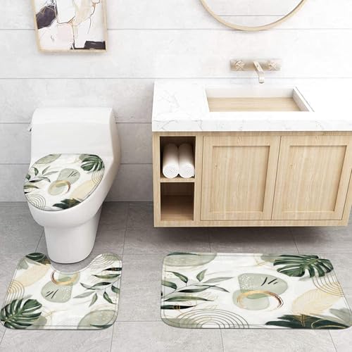 LQCOOL 4Pcs Green Shower Curtain Set, Modern Boho Bathroom Sets, Modern Luxury Bathroom Sets with Shower Curtain and Rugs, Shower Curtain with 12 Hooks - color: Green Leaf