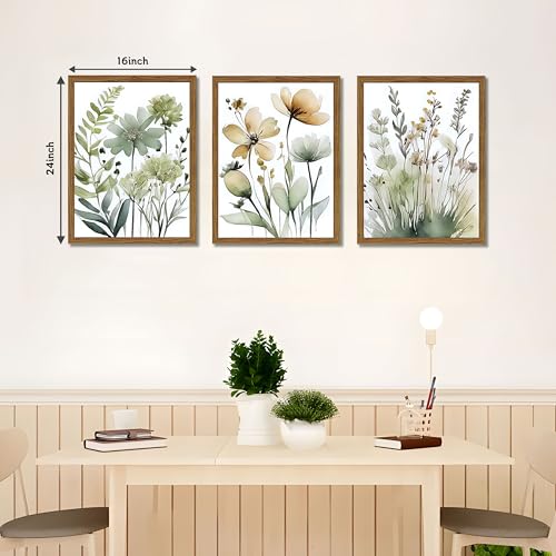 Wood Framed Sage Green Botanical Wall Art Set of 3, Boho Floral Canvas Wall Decor Paintings, Minimalist Flower Posters Prints Pictures for Bedroom Bathroom Living Room Home Decor 16x24 Inch - color: Sage Green, size: 24"L x 16"W