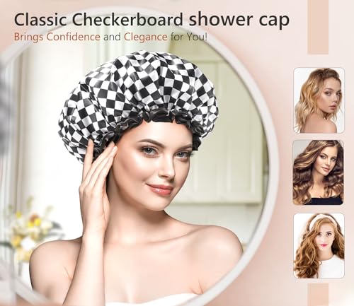 mikimini Shower Cap for Women and Girls, Elegant Chessboard Design,Double-layer Waterproof, Reusable, Washable, No Odor, Medium - size: Medium (Pack of 1)