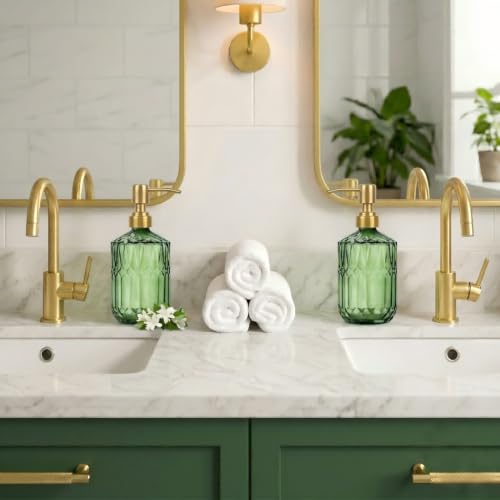 Green Glass Soap Dispenser (15.4 Oz, 2 Pack), Kitchen Hand and Dish Soap Dispenser Set with Golden Rust Proof Pump, Vintage Bathroom Hand Soap Lotion Dispensers - color: Green+golden Pump