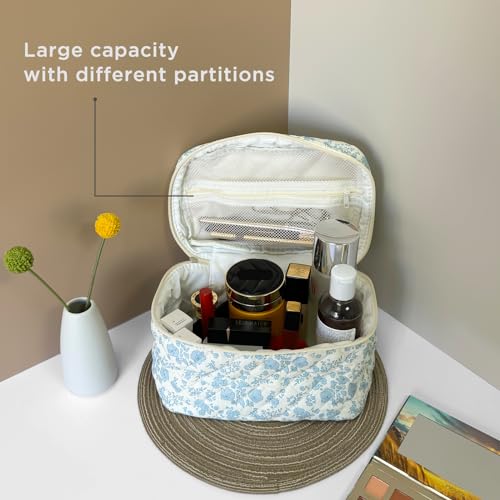 Sminra Makeup Bag Large Travel Quilted Cosmetic Makeup Bag Organizer, Floral Cotton Coquette Aesthetic Toiletry Bag for Women Girls (Blue Floral-L) - color: Blue Floral-L