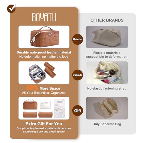 BOYATU Travel Makeup Bag Cosmetic Bags for Women: Large Capacity 3 Pcs Set Make up Bag with Compartments - Waterproof Vegan Leather Toiletry Organizer Bags with Handle (L53Brown) - color: L53Brown