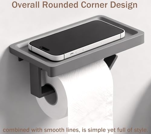 Dark Gray Toilet Paper Holder with Shelf, Premium Thicken Aluminum Alloy, Self Adhesive Toilet Tissue Roll Holder Wall Mount for Bathroom, Washroom, Kitchen, RV with Cell Phone Storage - color: Dark Gray