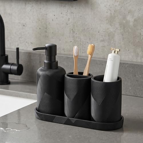 Bathroom Accessories Set, Bathroom Organizer Countertop, Matte Black, 4 PCS | Modern, Simple, Stripe, Resin, With Soap Dispenser, Toothbrush Holder, Mouthwash Cup, Vanity Tray for Home Hotel Office - color: Black1-4pcs