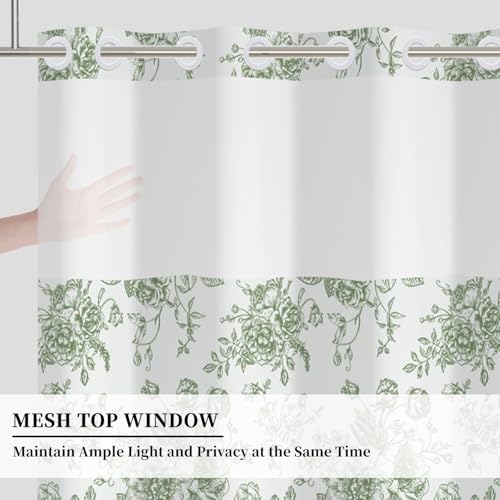 No Hook Cottagecore Floral Shower Curtain with Snap in Liner | 71x74 Inch, Sage Green Floral Shower Curtains for Farmhouse Bathroom, Waterproof Fabric Bath Curtain with Mesh Top Window - color: Green Floral