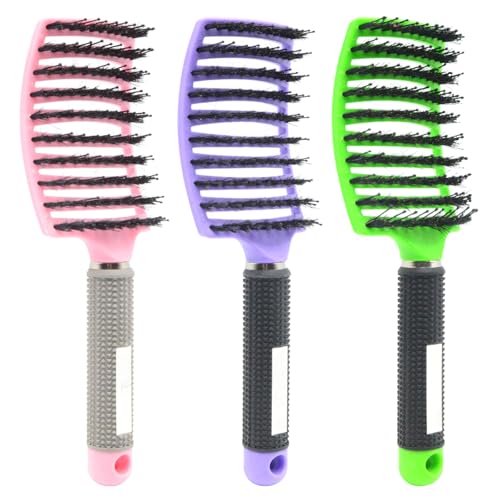 3 Pack Detangling Brush Getting Knots Out without Pain Adds Shine and Makes Hair Smooth, Detangler Boar Bristle for Adult & Kids Wet or Dry Hair(Pink/Purple/Green)