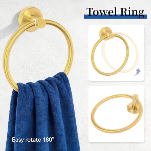 HOMOTEK 4 Pieces Bathroom Accessories Hardware Set, 24 inch Towel Bar, Towel Ring, Robe Hook, Toilet Paper Holder, Stainless Steel Rack Kit Wall Mounted, Gold - color: Gold