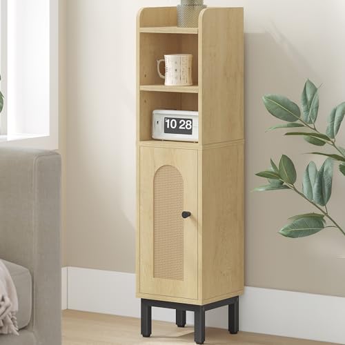 Hzuaneri Bathroom Storage Cabinet, Small Corner Floor Cabinet with Door and Shelves, Narrow Toilet Paper Holder, Bathroom Organizer with Adjustable Shelf, for Small Spaces, Rattan Yellow BC08202Y - color: Rattan Yellow, size: 7.9"D x 7.9"W x 32.7"H