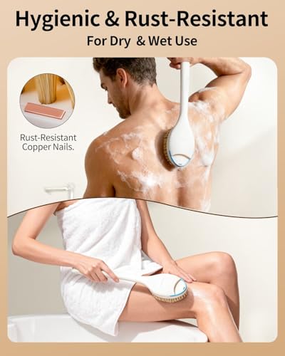 BUBBLEDANCE® Natural Boar Bristle Back Scrubber – 4X Scrubbing Power, Extendable Long Handle (17.5"-31.9") for Deep Exfoliation & Dry Brushing – 1.3X Wider Head, Anti-Slip Shower Brush for Men & Women