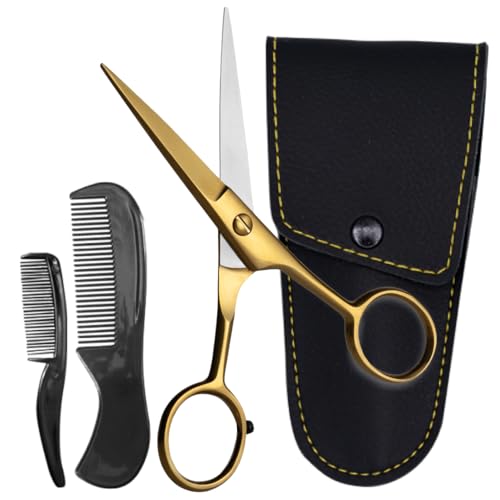 Ontaki Beard & Mustache Scissors for Men - 5inch, Gold Brass - 410C German Steel Durable, Ergonomic Design Travel Friendly Facial Hair Scissors - Beard Kit 2 Combs & Case Perfect for Styling - color: Golden Brass
