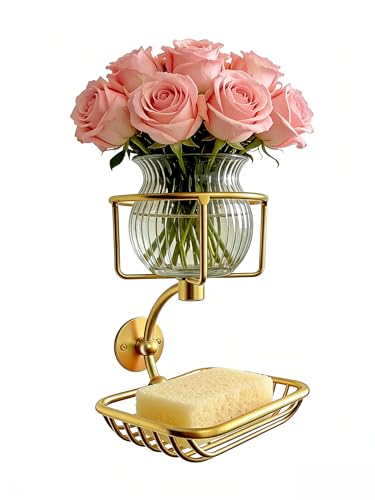 Bar Soap Holder Wall Mounted, Soap Container with Candle/Vase Holder, Farmhouse Elegant Gold Bathroom Wall Decor, Soap Dish for Shower Bathtub - color: Gold