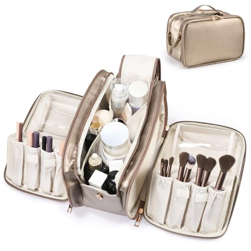 HauteHues Travel Makeup Bag Women's Large Capacity Cosmetic Portable Organizer Large Opening Waterproof Storage Toiletry Bags Vertical Free-Standing Brush Holder for Easy Access Copper - color: Copper