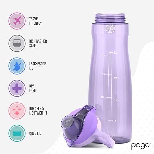 Pogo 40oz Plastic Water Bottle with Chug Lid and Carry Handle, Reusable, BPA Free, Dishwasher Safe, Perfect for Travel, School, Outdoors, and Gym, Lilac - color: Lilac, size: 40 Ounces