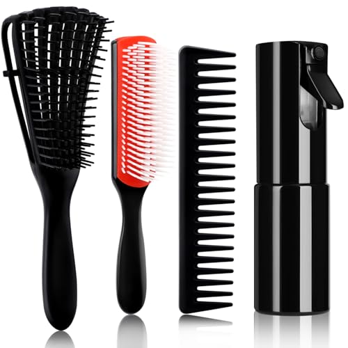 4pcs Curly Hair Brush Set for Adult & Kids, Wet or Dry, Detangling with Spray Bottle, Wide Tooth Comb (3+1, Red) - color: Red, size: 3+1