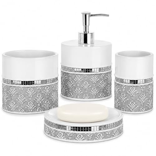 Creative Scents Mirror Damask White & Gray 4 Piece Bathroom Accessories Set | Bathroom Set Includes: Soap Dispenser, Soap Dish, Toothbrush Holder & Tumbler - color: 4 Piece Set