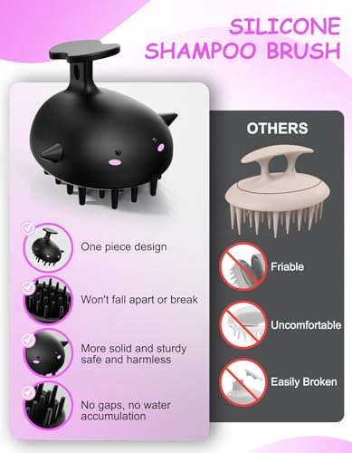 Silicone Scalp Scrubber for Exfoliation, Shampoo Brush Head Massager, Black | Wet & Dry Hair Care Brush for Thick, Thin or Curly Hair, Easy-Rinse One-Piece Design Helps Reduce Trapped Water After Shower - color: Black